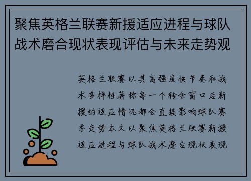聚焦英格兰联赛新援适应进程与球队战术磨合现状表现评估与未来走势观察