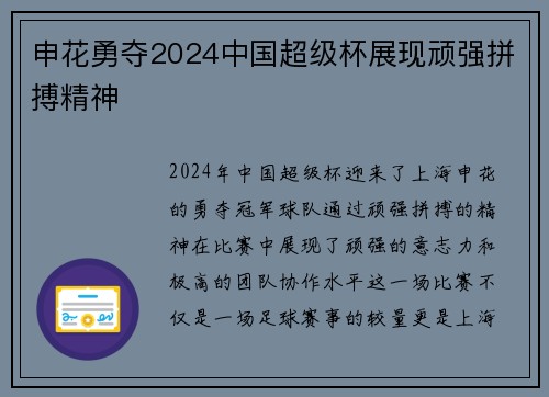 申花勇夺2024中国超级杯展现顽强拼搏精神